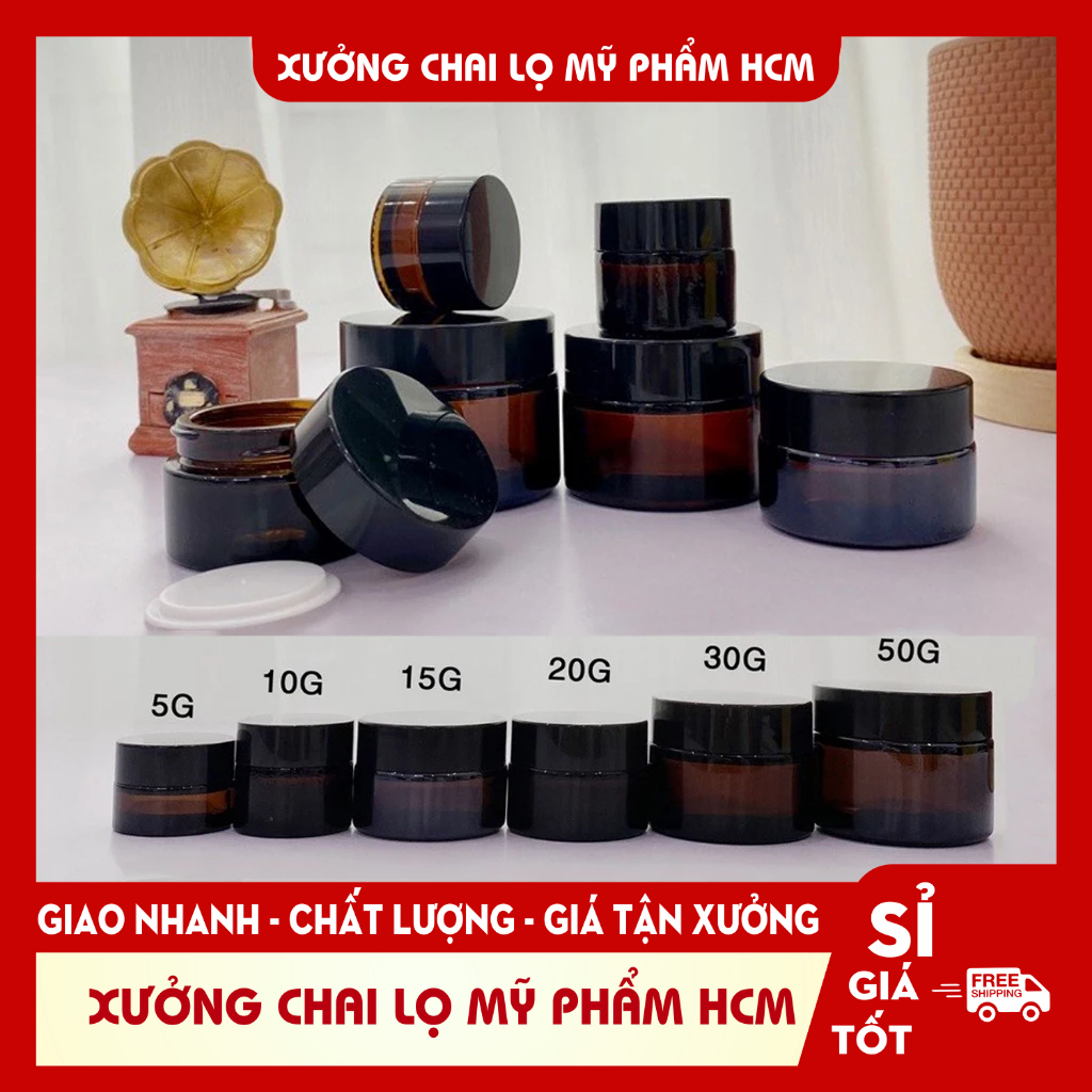 Hủ Đựng Kem 🏵️ Hũ Chiết Mỹ Phẩm Thủy Tinh Nâu Nắp Đen 5g/10g/15g/20g Thiết Kế Nhỏ Gọn, Sang Trọng Chuyên Dùng Spa
