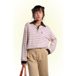LIBÉ WORKSHOP - Áo polo tay dài oversized hoạ tiết sọc màu nâu