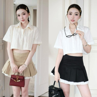 set áo sơ mi croptop dập li trước mix chân váy xếp li bản to