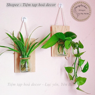 Bảng gỗ treo tường kèm lọ hoa mini, bình thuỷ tinh treo tường decor phòng, lọ thuỷ sinh treo ban công