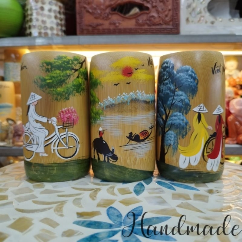 Cốc tre vẽ tay hình cô gái áo dài, phong cảnh Việt Nam , quà tặng Việt Nam - bamboo