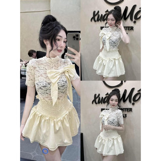 Set áo ren nhung đính nơ phối chân váy tầng viền bèo