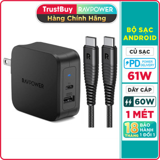 Combo Củ Sạc RAVPower Type C PD 61W RP-PC105 Và Cáp Type C to C 1M 60W RP-CB047 - Hàng Chính Hãng