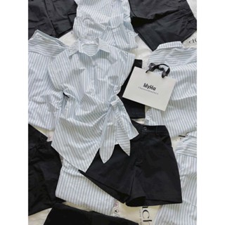 Set bộ nữ chất lennin sọc áo sơ mi tay ngắn nơ cột chéo eo mix quần đùi kaki ống rộng thiết kế nữ tính xinh xắn