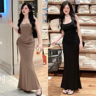 Đầm midi 2 dây body nhún thân rút eo thun tăm basic quyến rũ