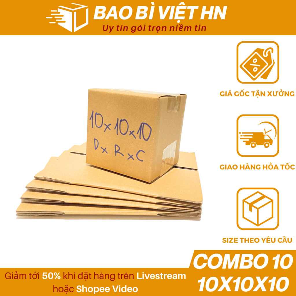 10x10x10 Combo 10 Hộp carton đóng gói hàng đựng mỹ phẩm giá xưởng - Bao Bì Việt HN