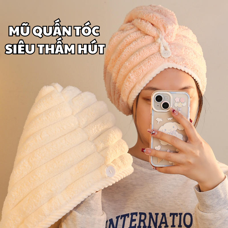 Mũ Quấn Tóc Siêu Thấm Hút Nhanh Khô, Khăn Lau Tóc Lọn Bông To Siêu Thấm Dsmart