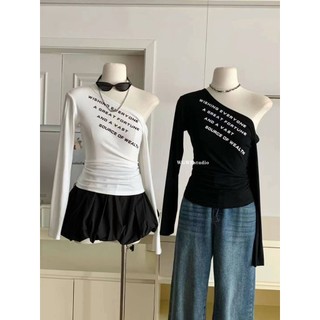 Áo pull lệch vai chữ tay dài nhún eo wgwe #9503 cá tính hàng QC freesize