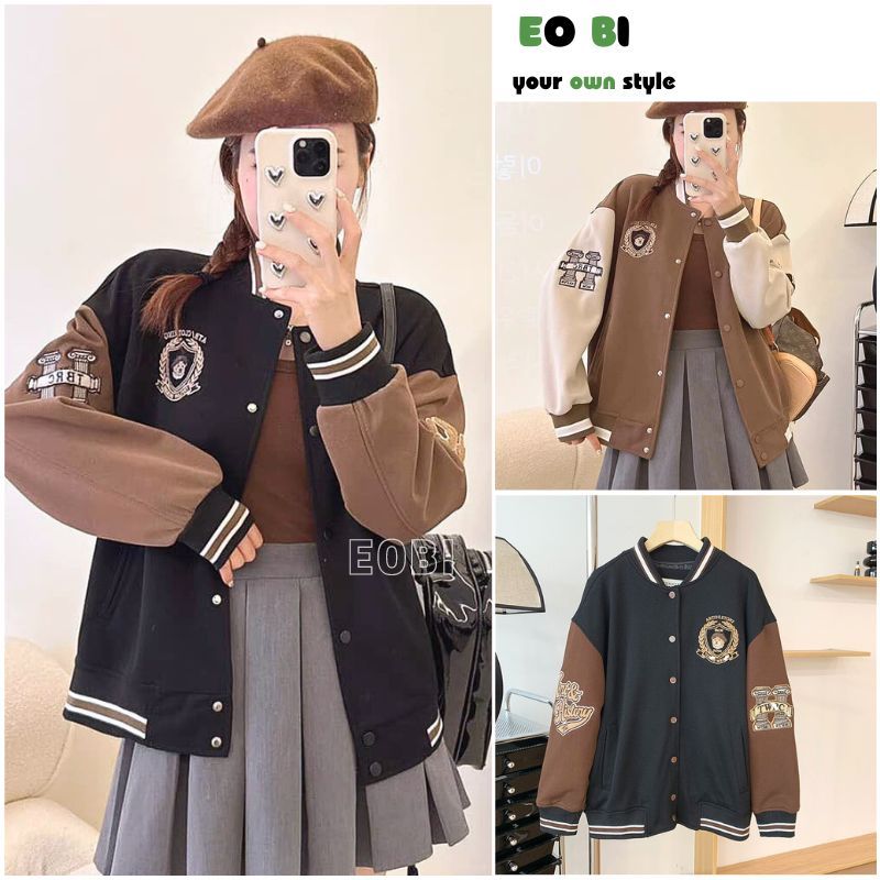 Áo khoác bóng chày thêu logo tay phối màu trẻ trung, Áo khoác bomber thể thao form rộng oversize - EOBI