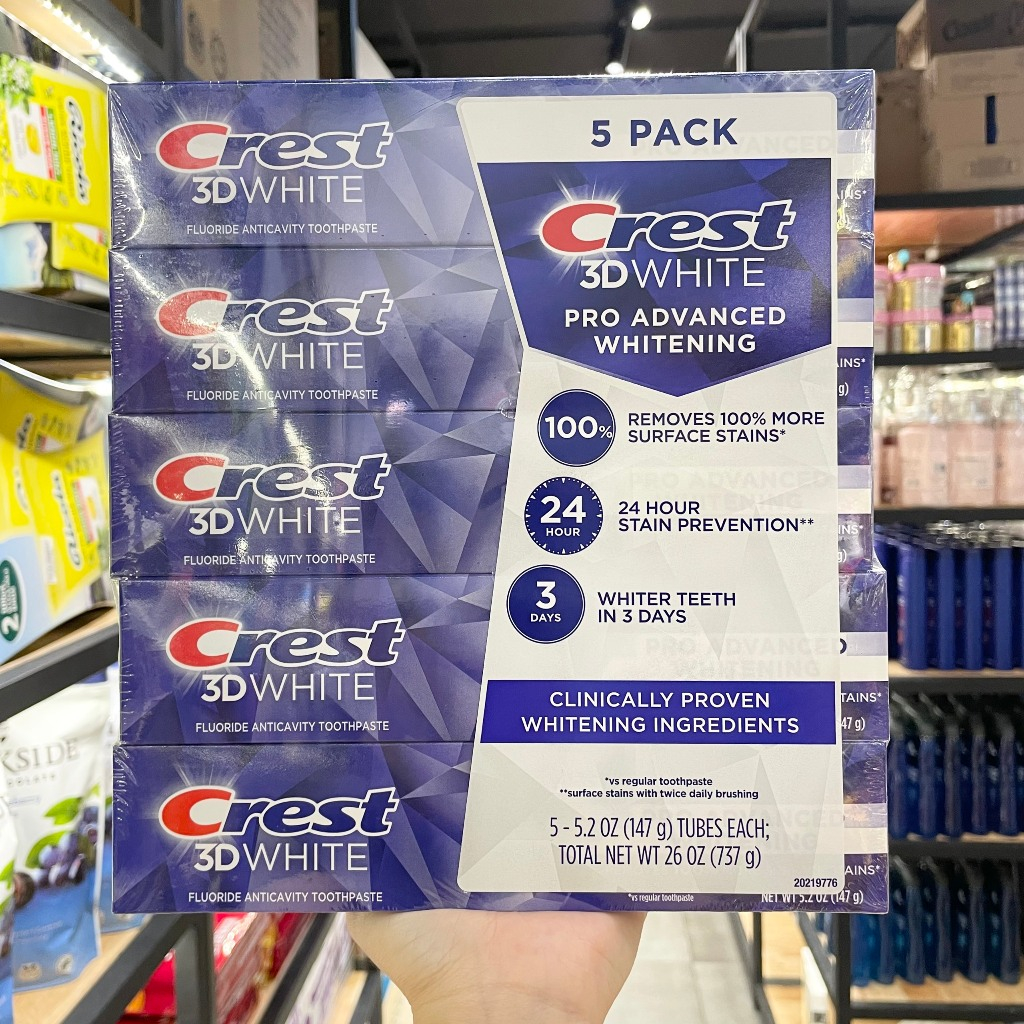 LỐC 5 TUÝP KEM ĐĂNH RĂNG CREST 3D WHITE ADVANCED 147Gx5 Trắng răng gấp 3 lần, ngăn ngừa sâu răng