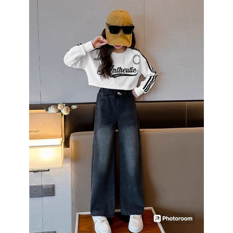 Quần jeans dài ống xuông sz22_50kg, quần bò ống rộng bé dsi học đi chơi chất giãn mềm