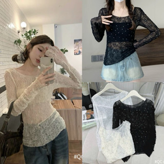 Áo thun giấy lưới ren dài tay xuyên thấu ôm body đính đá sexy hàng QC, Lipeo.store