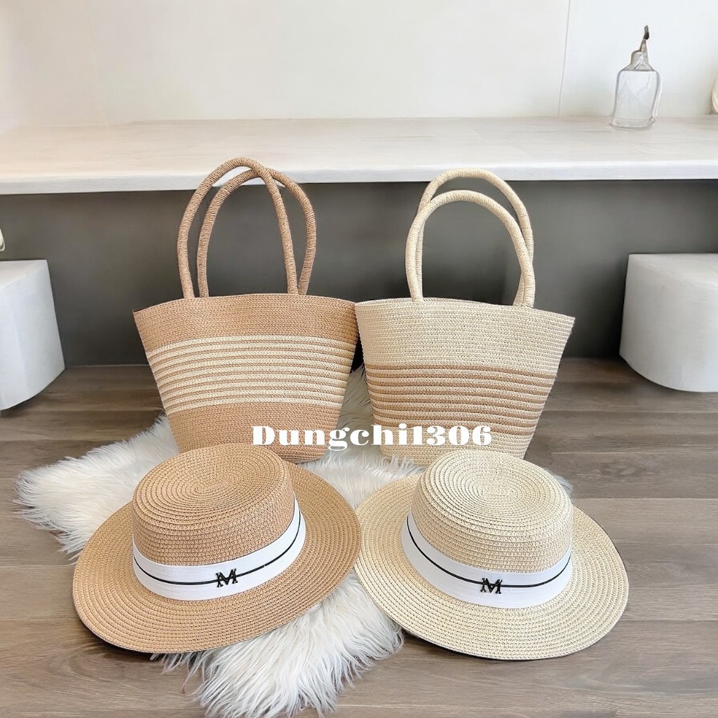 Set túi mũ cói tua rua mix ngọc nơ ren đi biển đi chơi đều xinh | BigBuy360 - bigbuy360.vn