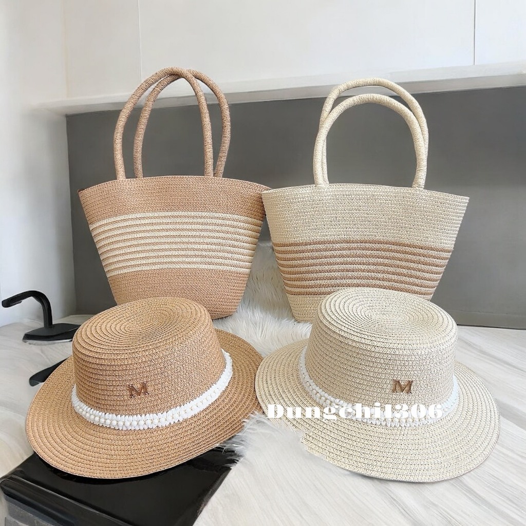 Set túi mũ cói tua rua mix ngọc nơ ren đi biển đi chơi đều xinh | BigBuy360 - bigbuy360.vn
