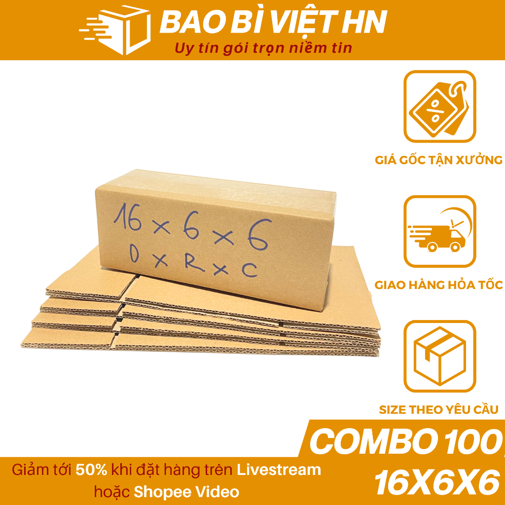 16x6x6 Combo 100 Hộp carton gói hàng, hộp giấy đóng hàng gói phụ kiện, mỹ phẩm - Bao Bì Việt HN