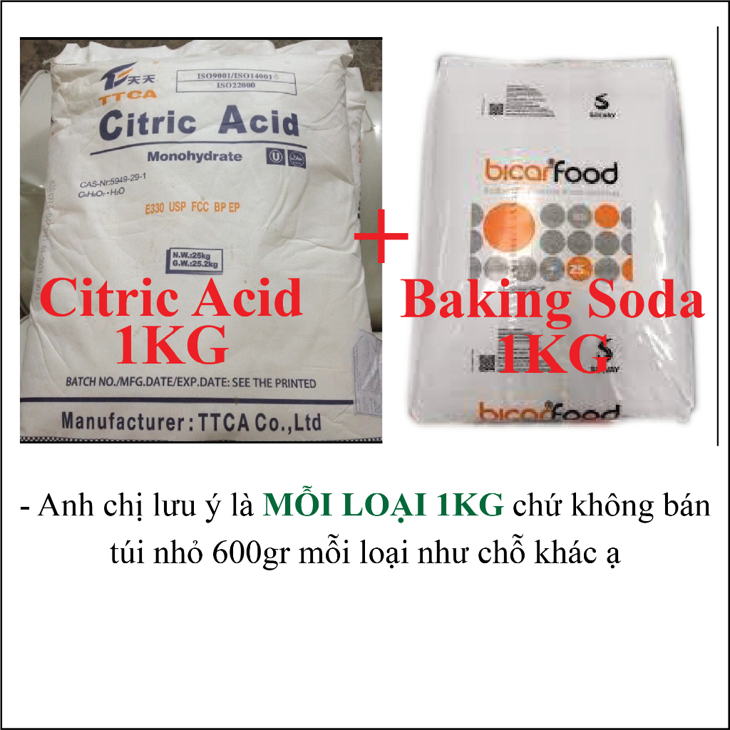 [1kg Citric + 1kg Banking soda] Combo 2Kg nguyên liệu chế CO2 cho bể cá- Baking Soda- Axit chanh- Ax