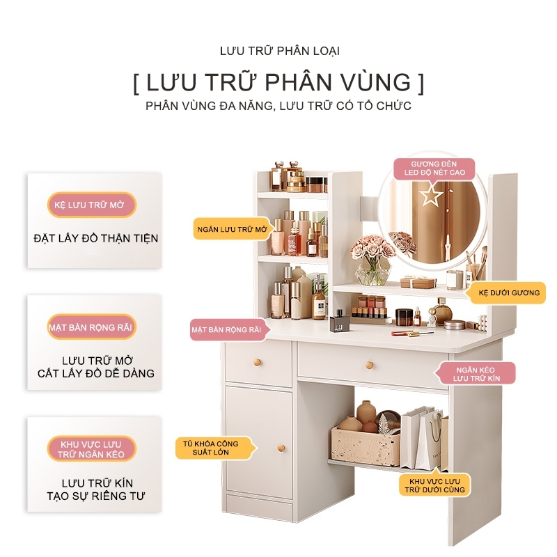 ALOVE Bàn trang điểm phong cách hiện đại có đèn lED có 2 ngăn kéo tủ để đồ trang điểm decor làm việc | BigBuy360 - bigbuy360.vn