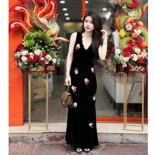 Đầm đi dự tiệc, váy dự tiệc nhung phối cổ ren V không tay thêu hoa dáng dài đuôi cá thiết kế tiểu thư sang trọng LEVAN