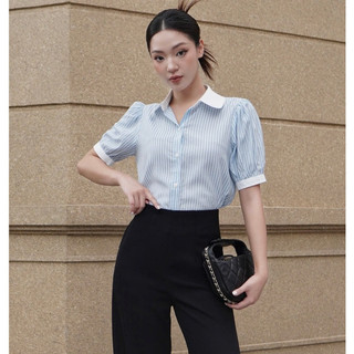 GERME | DESIGN Áo sơ mi nữ Libe Top kẻ tay ngắn bồng cổ phối, Áo sơ mi công sở vải thô lụa kẻ mềm mát AVNT062402