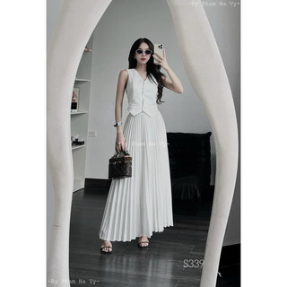 SET ÁO CROPTOP SÁT NÁCH LAI NHỌN NÚT BỌC + CHÂN VÁY XOÈ MIDI DẬP LY TRẮNG