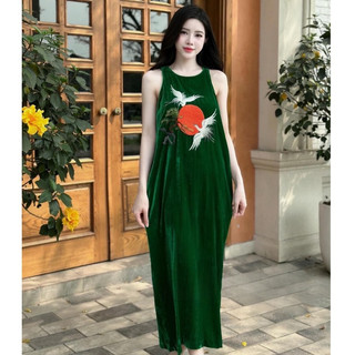 Đầm đi dự tiệc, váy dự tiệc nhung cổ tròn không tay thêu họa tiết hạc sang trọng thiết kế tiểu thư sang chảnh LEVAN
