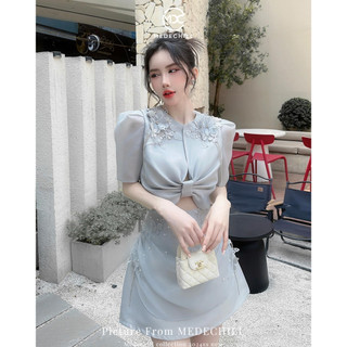 Set Váy Dự Tiệc Sang Chảnh Medechill Áo Xếp Ly Nơ Đính Hoa, Chân Váy Chữ A Gắn Ngọc Tôn Dáng S639