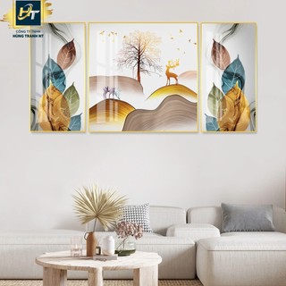 Tranh treo tường, tranh canvas bộ 03 bức hươu nai, tranh treo phòng khách, tặng đinh treo tranh