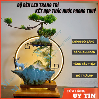 Thác nước phong thủy{ KÈM CÂY THẬT} thác khói trầm hương có đài phun nước tự động kèm đèn LED  đem lại may mắn tài lộc
