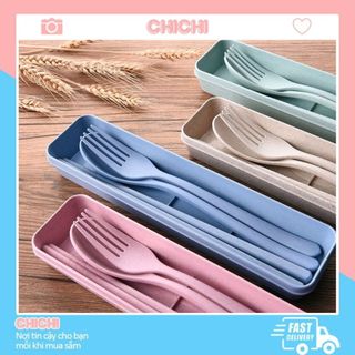 Bộ muỗng đũa nĩa lúa mạch văn phòng du lịch cá nhân dễ thương kèm hộp ChiChi BDM01