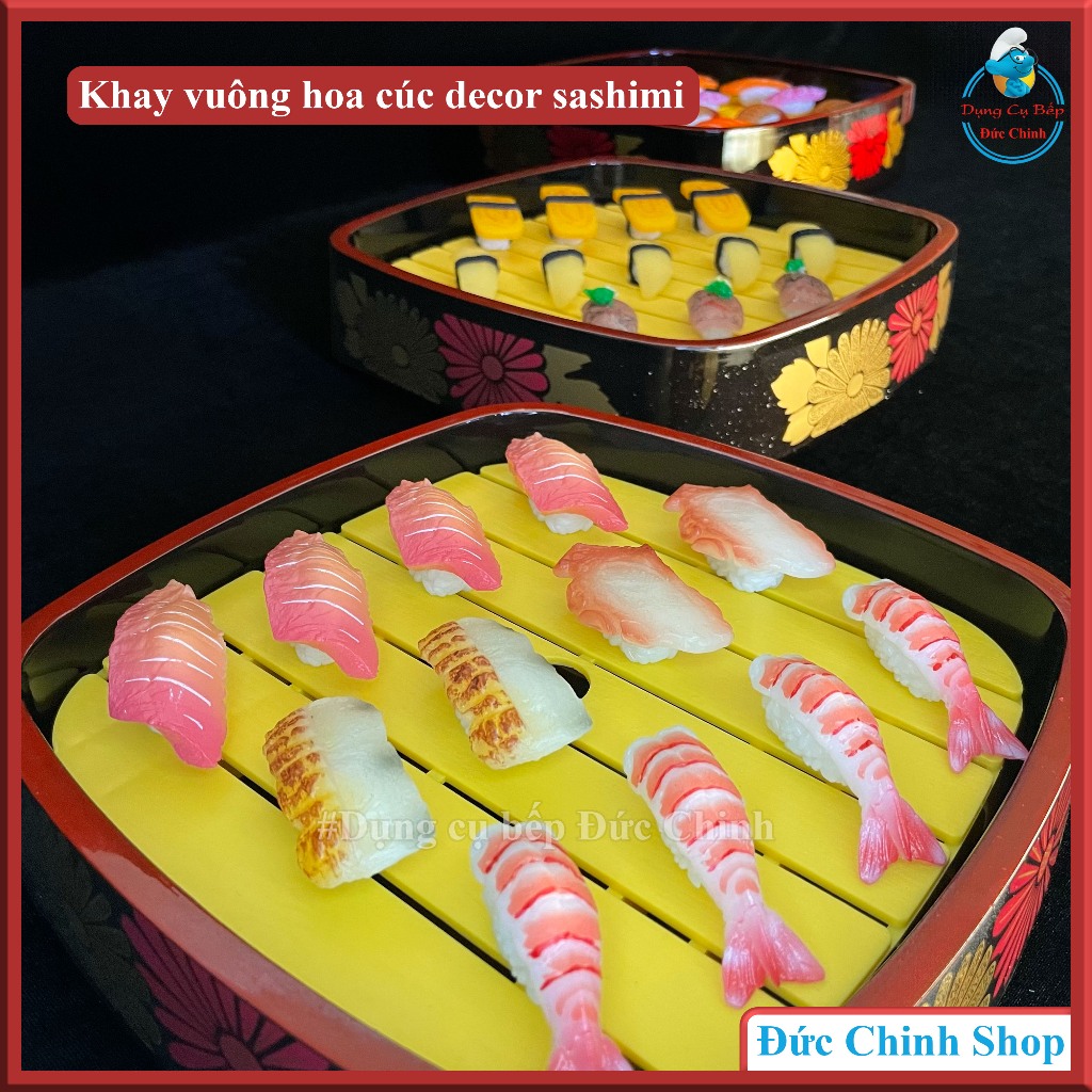Khay decor sashimi, khay vuông hoa cúc decor sashimi, khay sashimi hoa cúc trang trí bàn ăn.