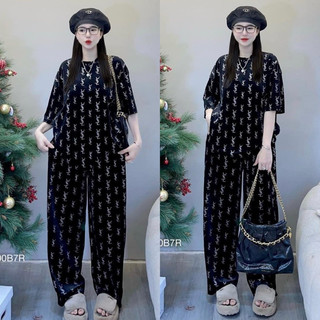 Set bộ nhung đá áo lờ ét y tay ngắn thụng + quần ống xuông rộng