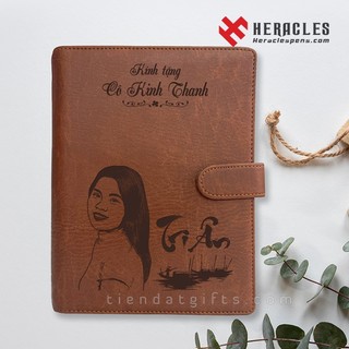 Sổ bìa còng A5 Khắc tên làm quà tặng tri ân Thầy Cô Giáo - Sổ tay bìa da cao cấp màu nâu - 14.5cm x 21cm, giấy trắng mịn