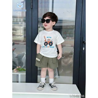 Bộ Cộc Tay Cotton Họa Tiết Máy Xúc Cá Tính Cho Bé Trai Đi Chơi Đi Học Thoáng mát, thấm hút mồ hôi