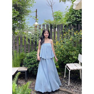 Set áo hai dây xếp li kèm chân váy dài chun sau