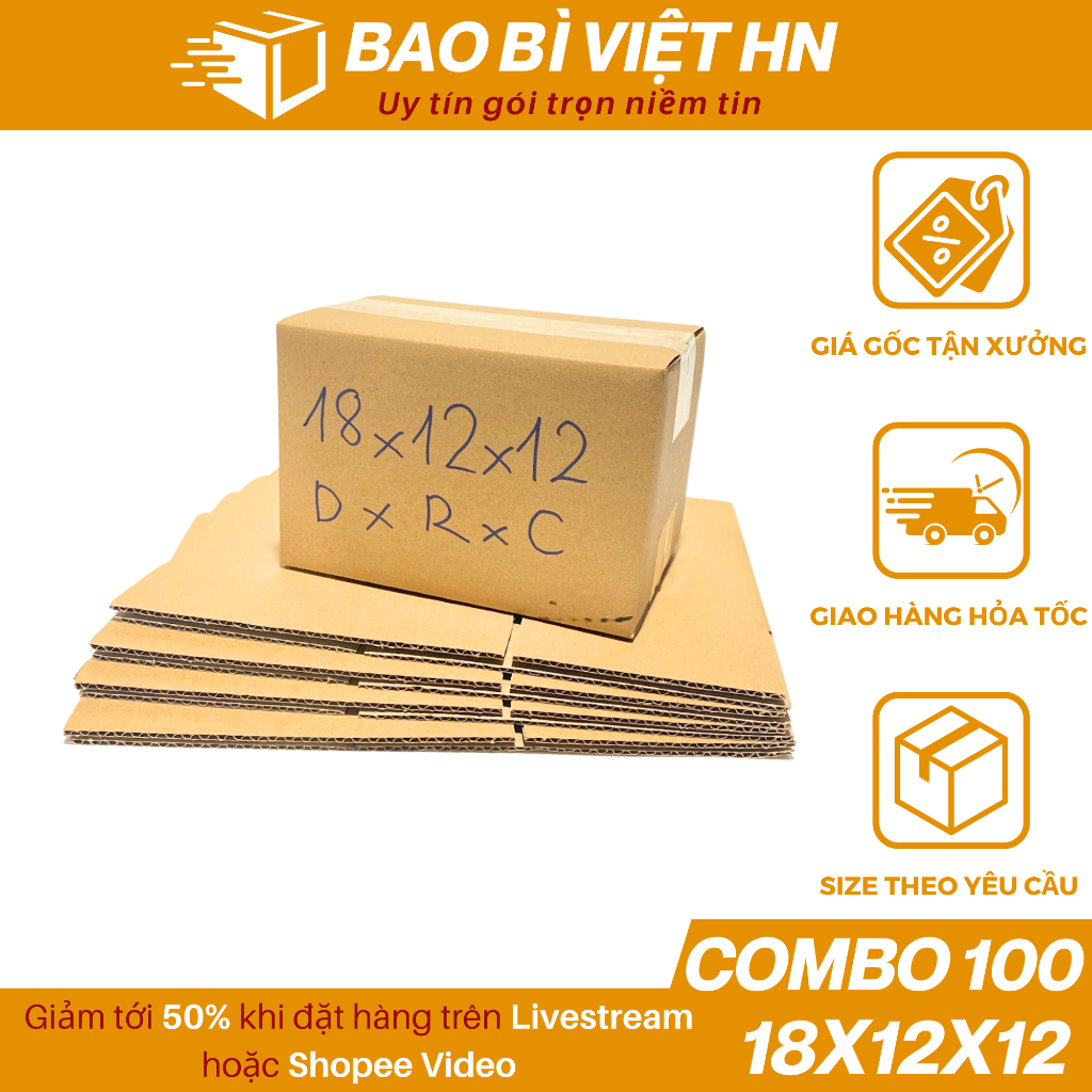 18x12x12 Combo 100 Hộp carton đóng hàng, hộp thùng carton giá gốc tận xưởng - Bao Bì Việt HN