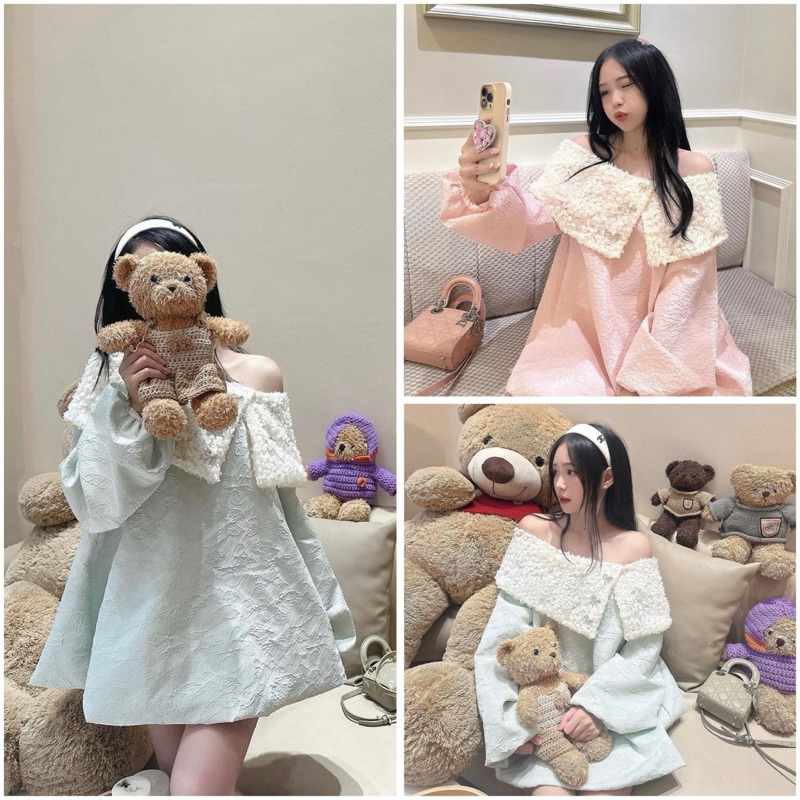 THE2001STORE | Đầm nữ trễ vai bông tuyết dài tay dáng ngắn chất gấm hoạ tiết có ánh nhũ bling bling