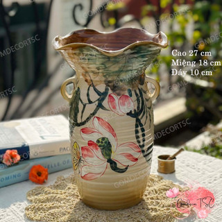 Bình hoa đắp nổi gốm sứ Bát Tràng cao 27 cm miệng rộng cắm hoa decor trang trí phòng khách cao cấp