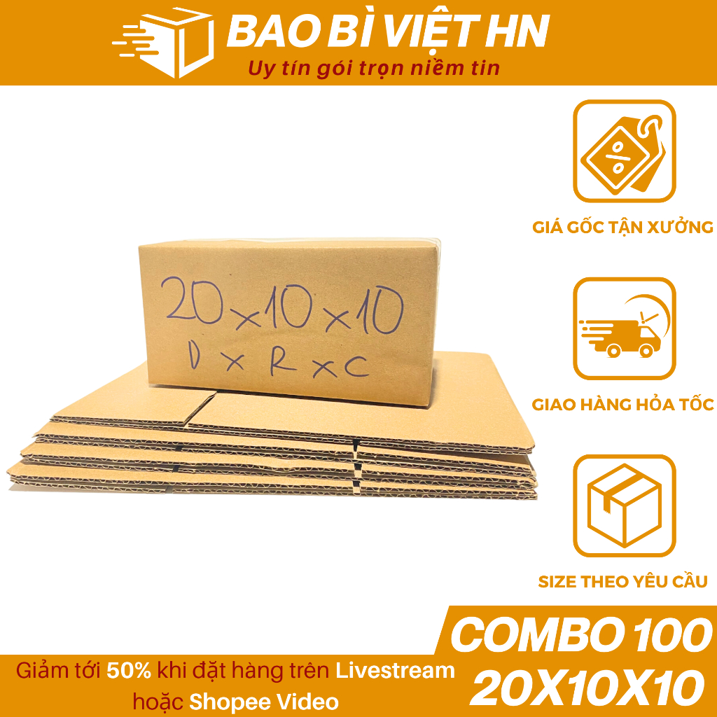 20x10x10 Combo 100 Hộp carton đóng hàng, thùng hộp giấy giá rẻ - Bao Bì Việt HN