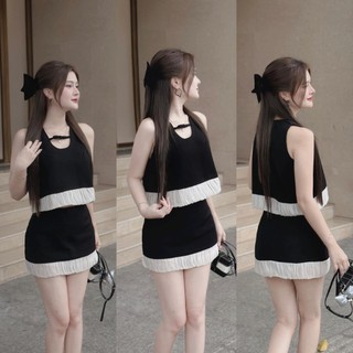 Set váy thiết kế thời trang nữ chất nhung cứng cho nàng đi tiệc siêu sang chảnh, set áo sát tay nơ cột ngang phối váy a