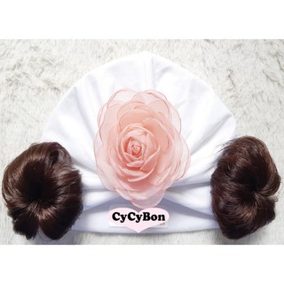 Mũ Nón Turban Cho Bé Gái Màu Trắng Đính Bông Hồng Chất Vải Cotton Co Giãn