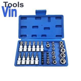 Bộ khẩu E 34 chi tiết Tài Vũ chuyên vặn các chi tiết khó, ốc chìm, dạng sao, hoa thị