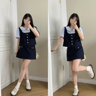 Set dạ tex áo phối cổ sơmi tay pha kẻ xanh mix chân váy chữ a siêu xinh