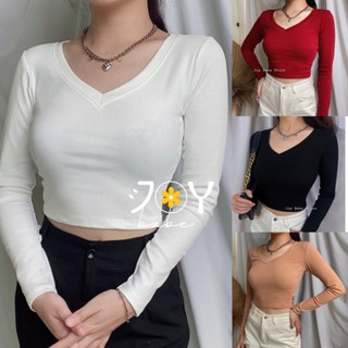 Áo phông cổ tim Cotton 100% JOY BABE áo thun tay dài croptop cổ v ôm body crop top loptop E CROD 2