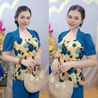 Đồ Bộ Trung Niên - Set Bộ Dập Ly Cổ Nữ Hoàng Sang Chảnh Lụa Mango Mềm Mịn Phối Quần Ống Suông Tôn Dáng 45-65kg