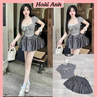 XẢ KHO 99K Set Bộ Đồ Nữ Màu Ghi Áo Len Tăm Cúp Ngực Ôm Body Phối Viền Ren Nơ Ngực Mix Chân Váy Kaki Xước Thái Nơ Nổi