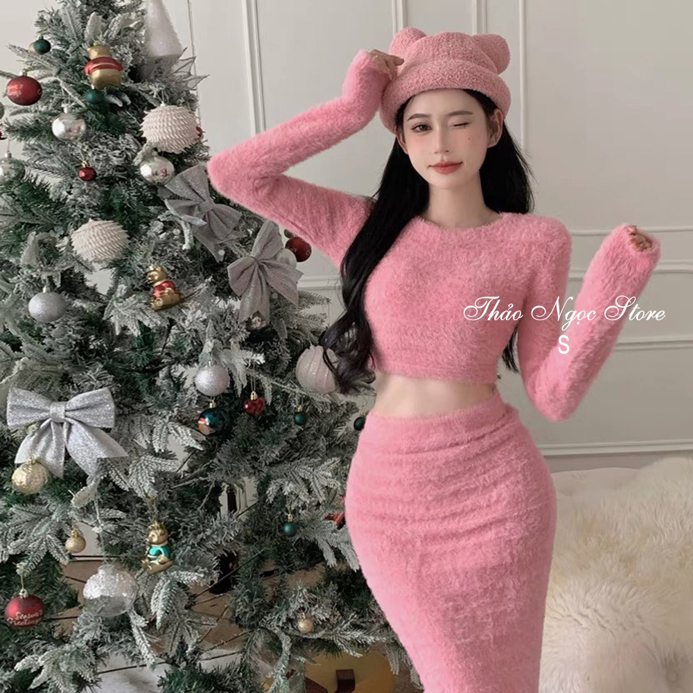 Set bộ len lông thỏ croptop tay dài phối chân váy ôm xẻ! (có sẵn, hình thật) THẢO NGỌC STORE | BigBuy360 - bigbuy360.vn