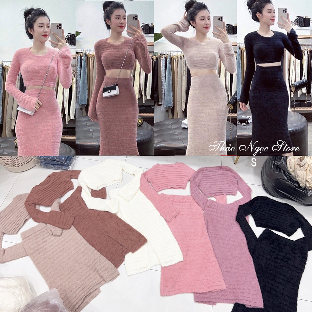 Set bộ len lông thỏ croptop tay dài phối chân váy ôm xẻ! (có sẵn, hình thật) THẢO NGỌC STORE | BigBuy360 - bigbuy360.vn
