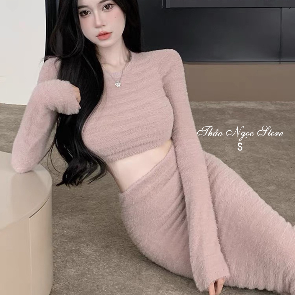 Set bộ len lông thỏ croptop tay dài phối chân váy ôm xẻ! (có sẵn, hình thật) THẢO NGỌC STORE | BigBuy360 - bigbuy360.vn