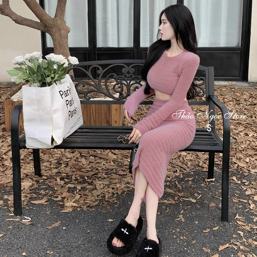 Set bộ len lông thỏ croptop tay dài phối chân váy ôm xẻ! (có sẵn, hình thật) THẢO NGỌC STORE | BigBuy360 - bigbuy360.vn
