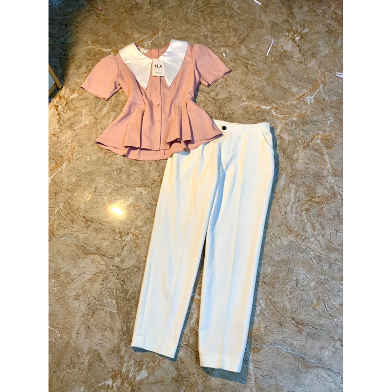 (thanh lý new tag, tặng 1 nước hoa mini) set áo peplume + quần Jean trắng